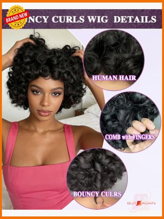 Short Curly Human Hair Wig With Bangs 180% Density Glueless Beginner Friendly main image 5